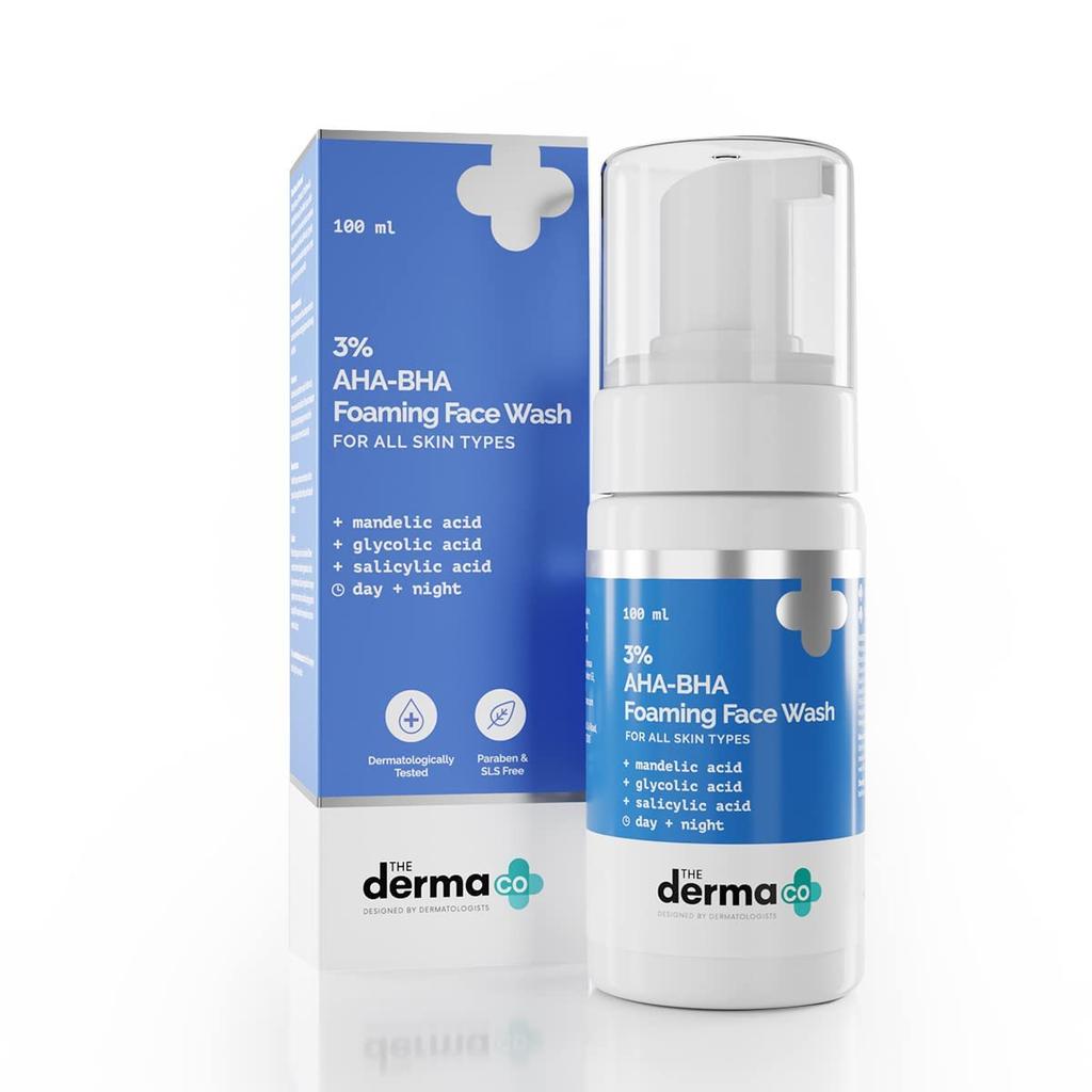 The Derma Co 3% AHA BHA Foaming Daily Face Wash 100 ml Oil Free Cleanser For Gentle Exfoliation And Clear Looking Skin