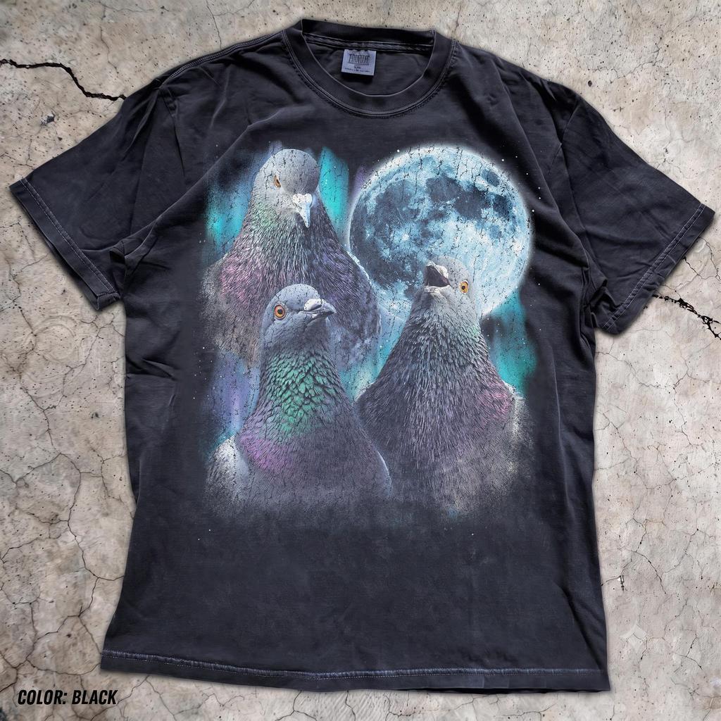 Three Pigeons Moon T-Shirt, Iridescent Bird Lover Gift, Starry Sky Tee