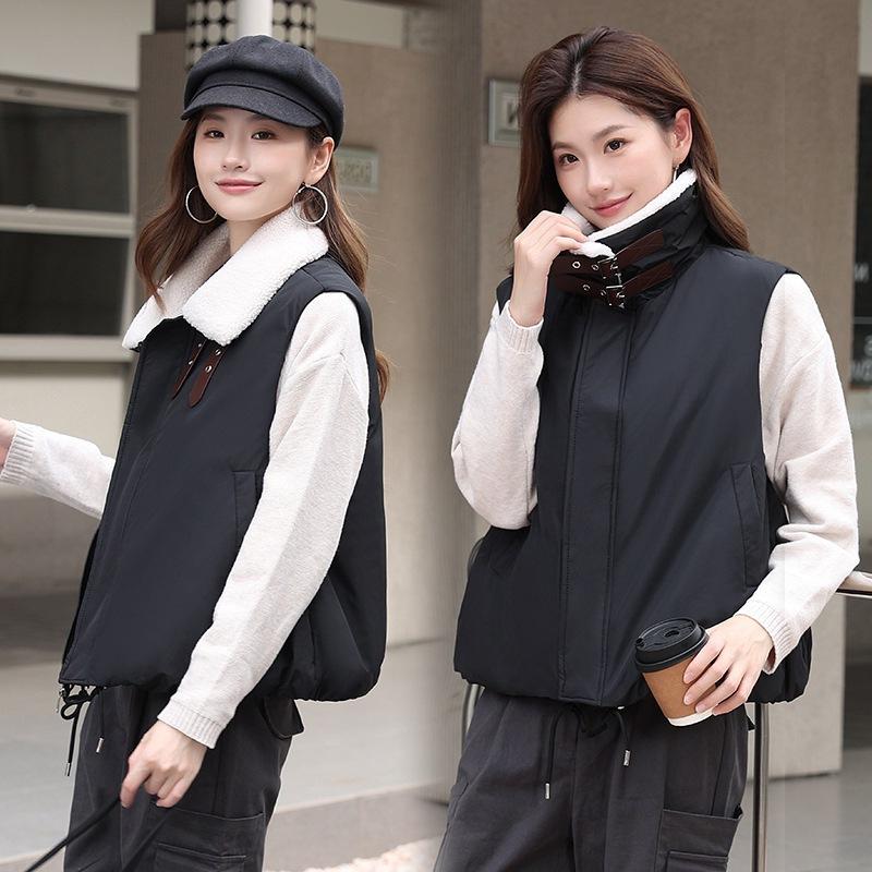 Korean lamb wool lapel cotton vest women's short casual cotton vest autumn and winter new vest cotton jacket vest