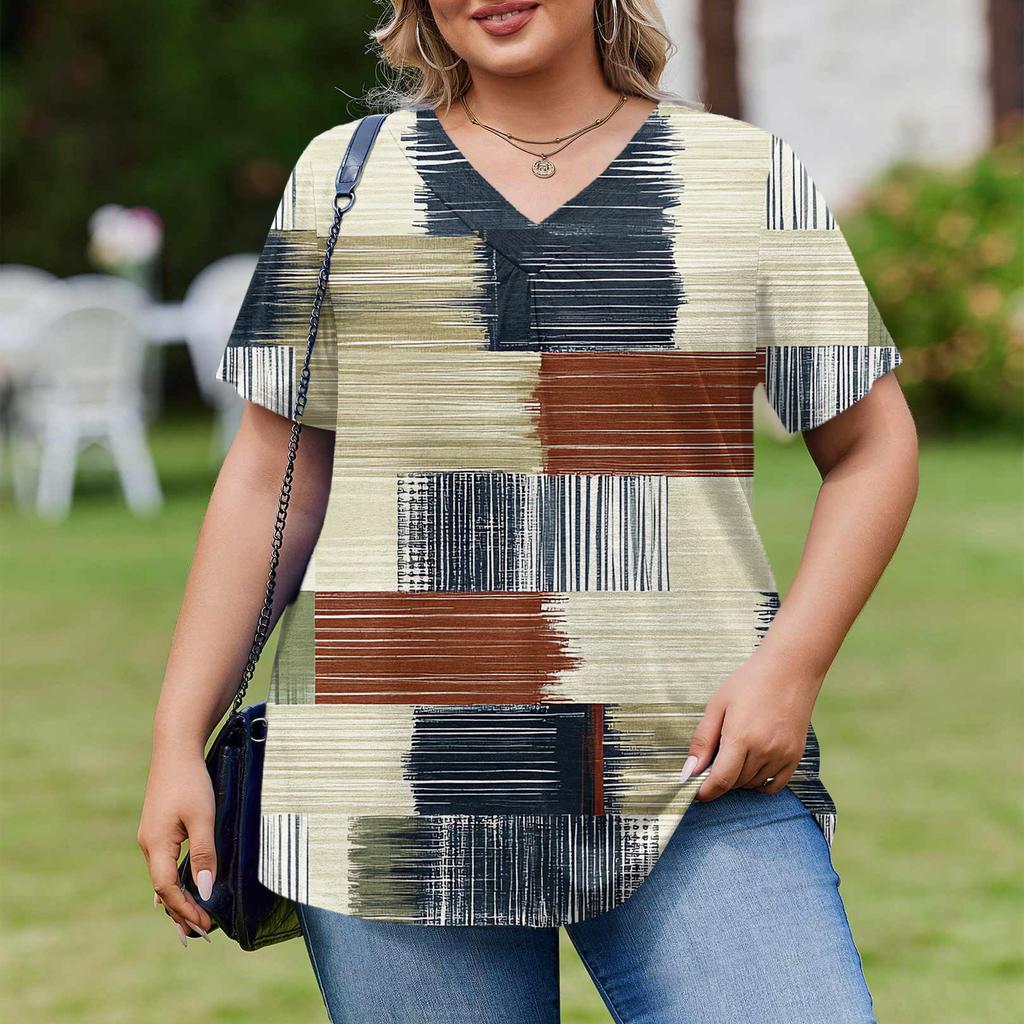 Женская модная повседневная свободная блузка большого размера с коротким рукавом, элегантная с V-образным вырезом, для работы