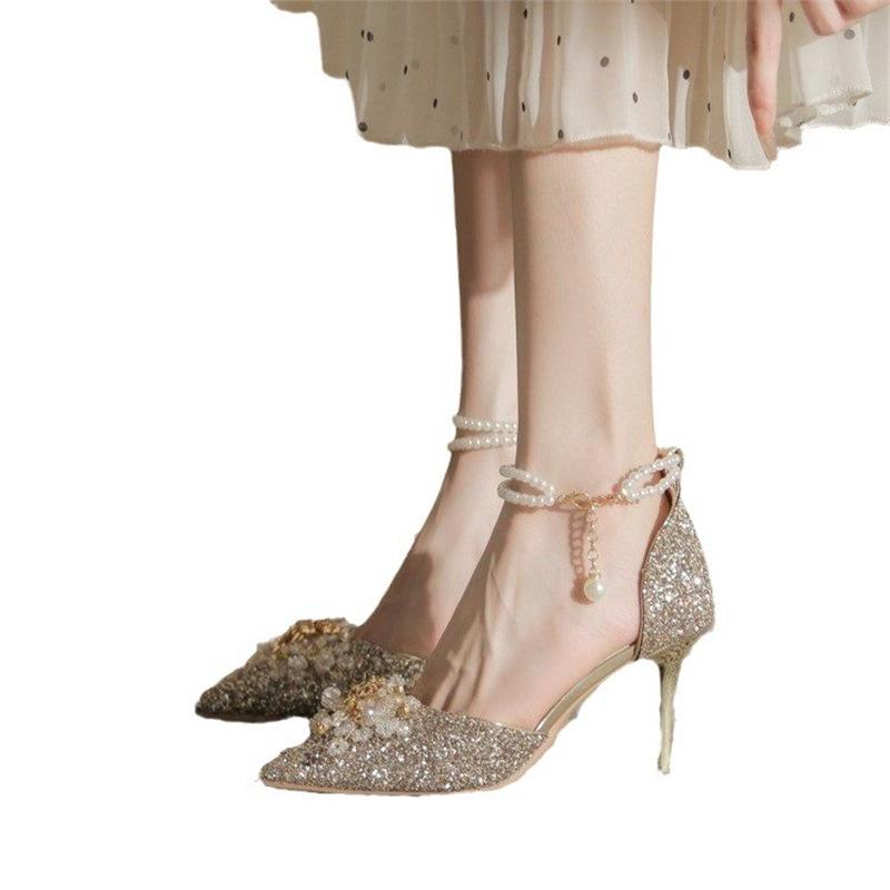 Женские туфли на высоком каблуке лето 2024 новые высококлассные красивые свадебные туфли с острым носком и мелким вырезом, сандалии с жемчужной надписью для женщин