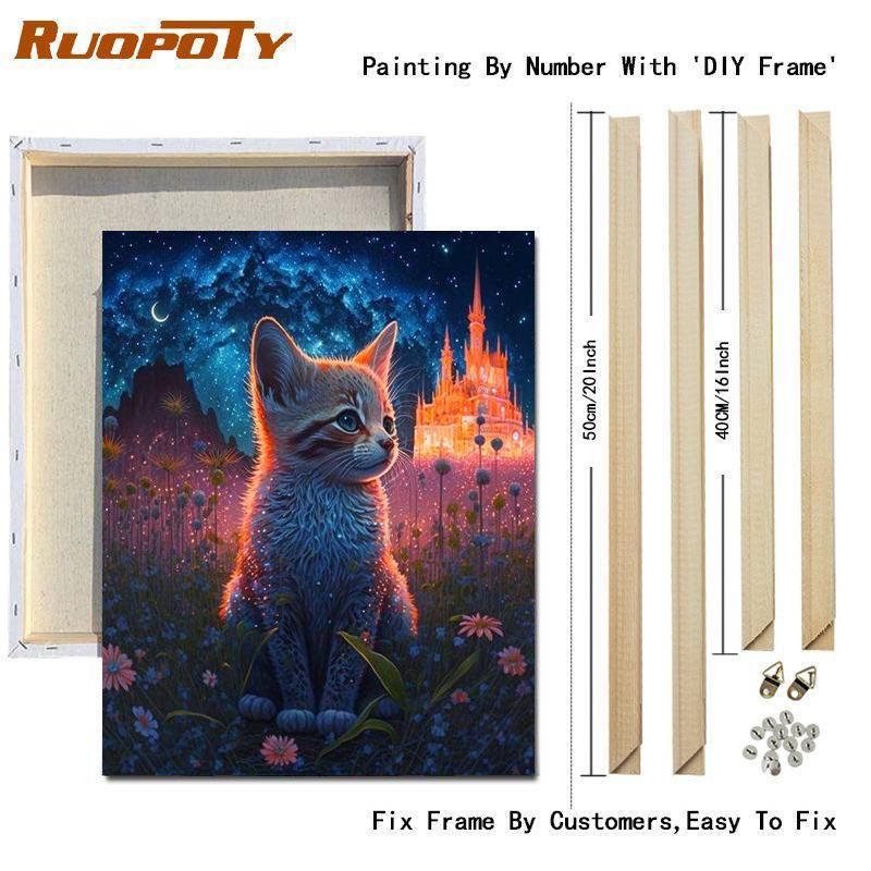 RUOPOTY Рамка для рисования по номерам, наборы для кошек, акриловая краска с цифрами, изображения животных, легкая краска на холсте для украшения дома
