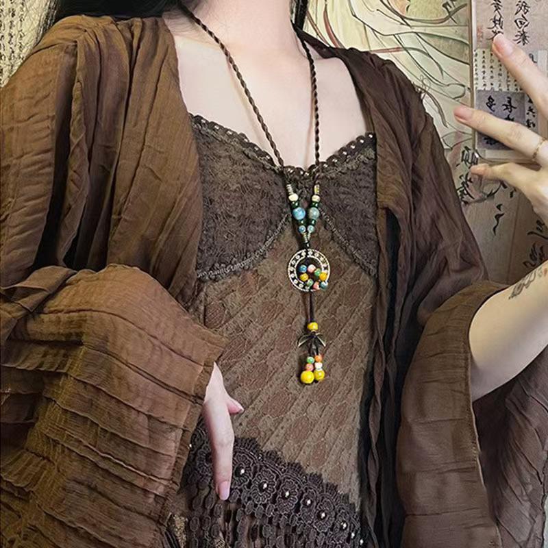 Vintage Bohemian Style Ceramic Beaded Woven Necklace For Women Girls Ethnic Style Long Necklace Jewelry Accessories Gifts