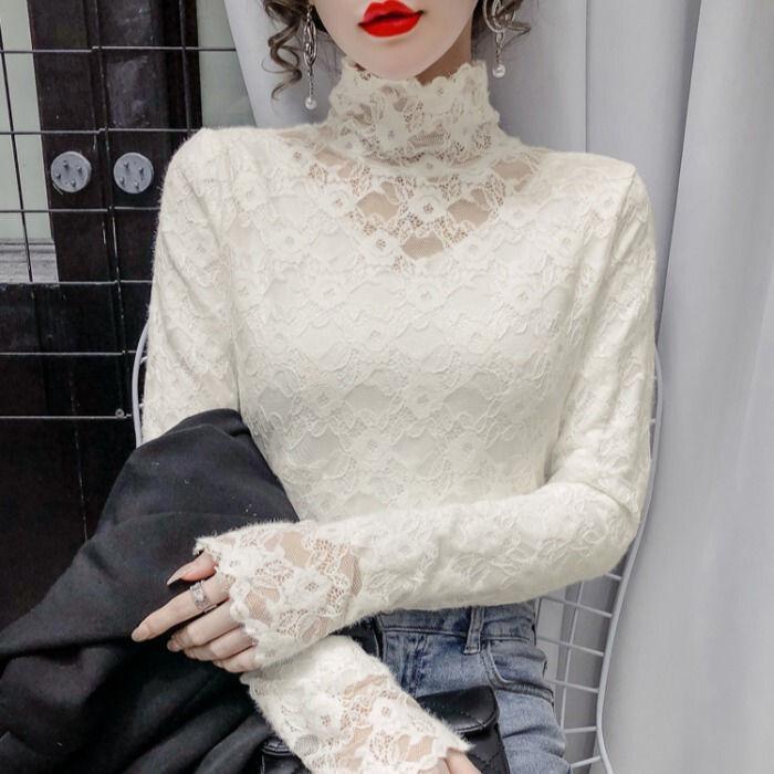 Модные женские топы больших размеров с высоким воротом и кружевом на бретельках, весна и осень, симпатичный однотонный топ-майка