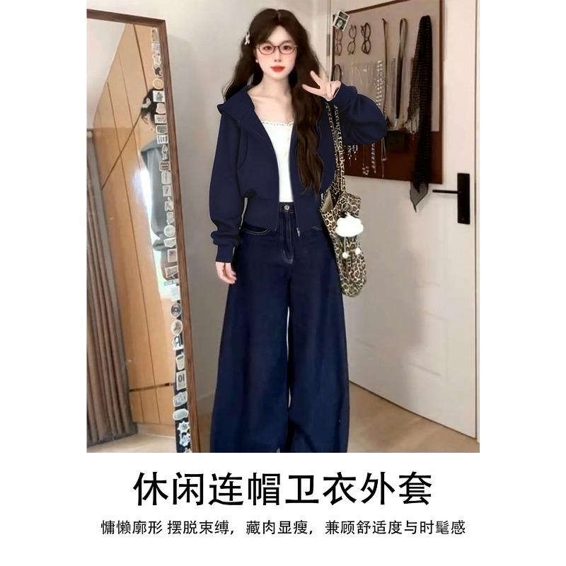 Dark gray short sweater women's thick coat slim-fitting waist hooded top early winter wear with slim shoulders