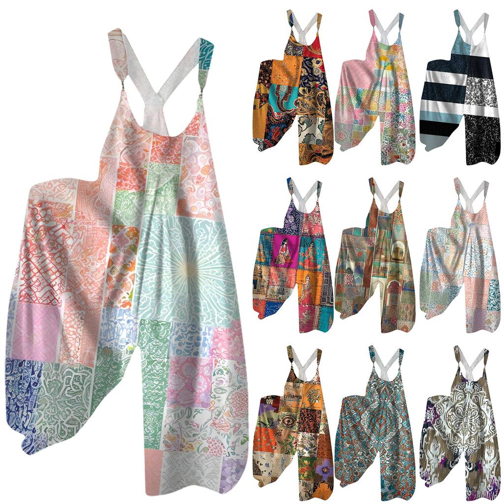 Женский летний комбинезон на бретельках с цветочным принтом, винтажный, с нерегулируемыми бретелями,