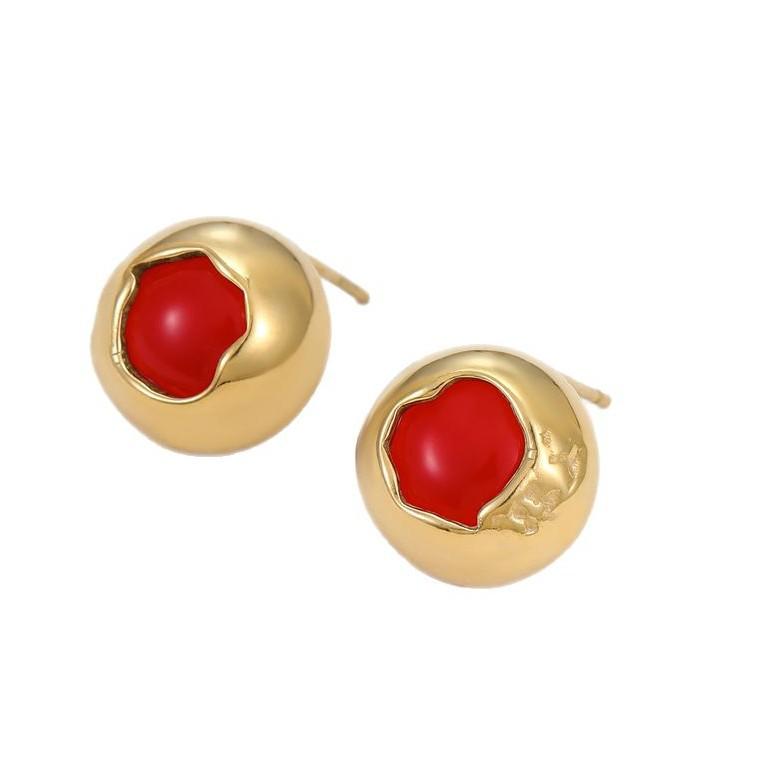 GEMCHIC Women's Vintage Round Stainless Steel 18K Gold Plated Stud Earrings Geometric Colored Stone Simple Fashion Jewelry