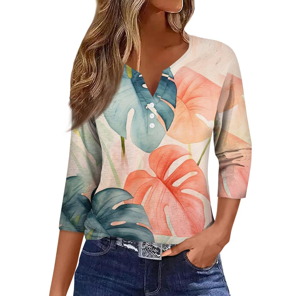 Женская модная повседневная футболка с коротким рукавом и V-образным вырезом, декоративными пуговицами и рукавом три четверти