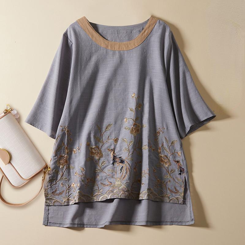 Dimanaf 2022 Women Plus Size Floral Summer Style Linen O-Neck Bat Print T-Shirt Casual Tops Shirts Loose Oversized Shirt
