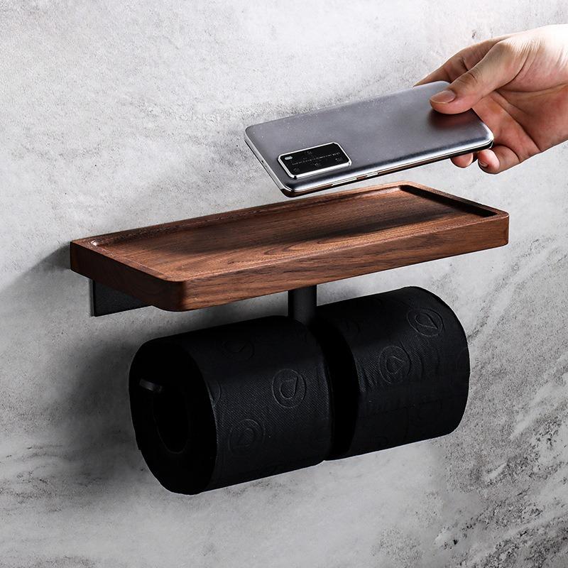 Creative Walnut Wood Toilet Paper Holder No Drill Bathroom Tissue Box with Phone Shelf