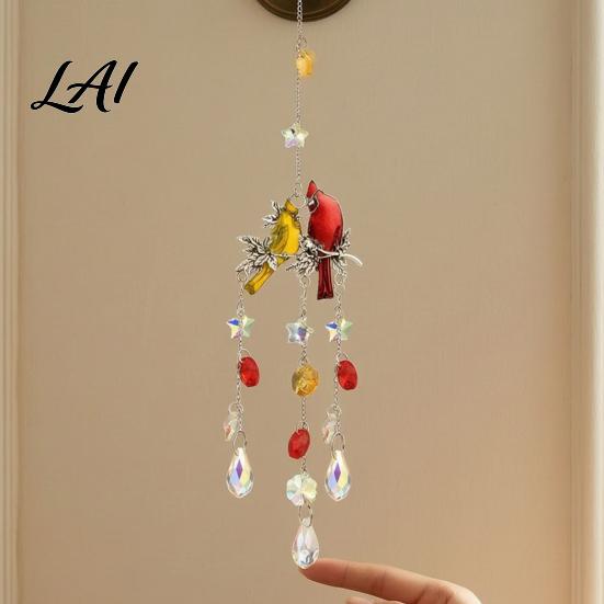 Decorative Faux Crystal Ornament Cardinals Crystals Suncatcher Hanging Sun Catcher for Windows Bird Wind Glass Patio Chimes with Chain Prism