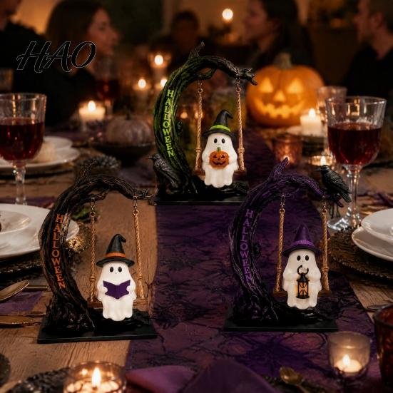 Halloween Home Decor Gifts Swinging Ghost on Tree Figurine, Resin Swing Statue, Spooky Porch Accessories Reading Ornament, Indoor Outdoor Tabletop