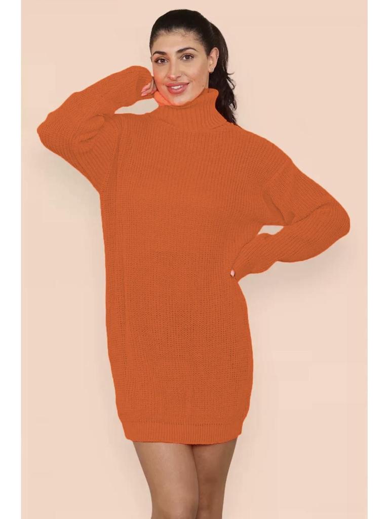 Women's Knitted Turn-Down Collar Sweater Dress - Loose Mid-Length Solid Color Pullover