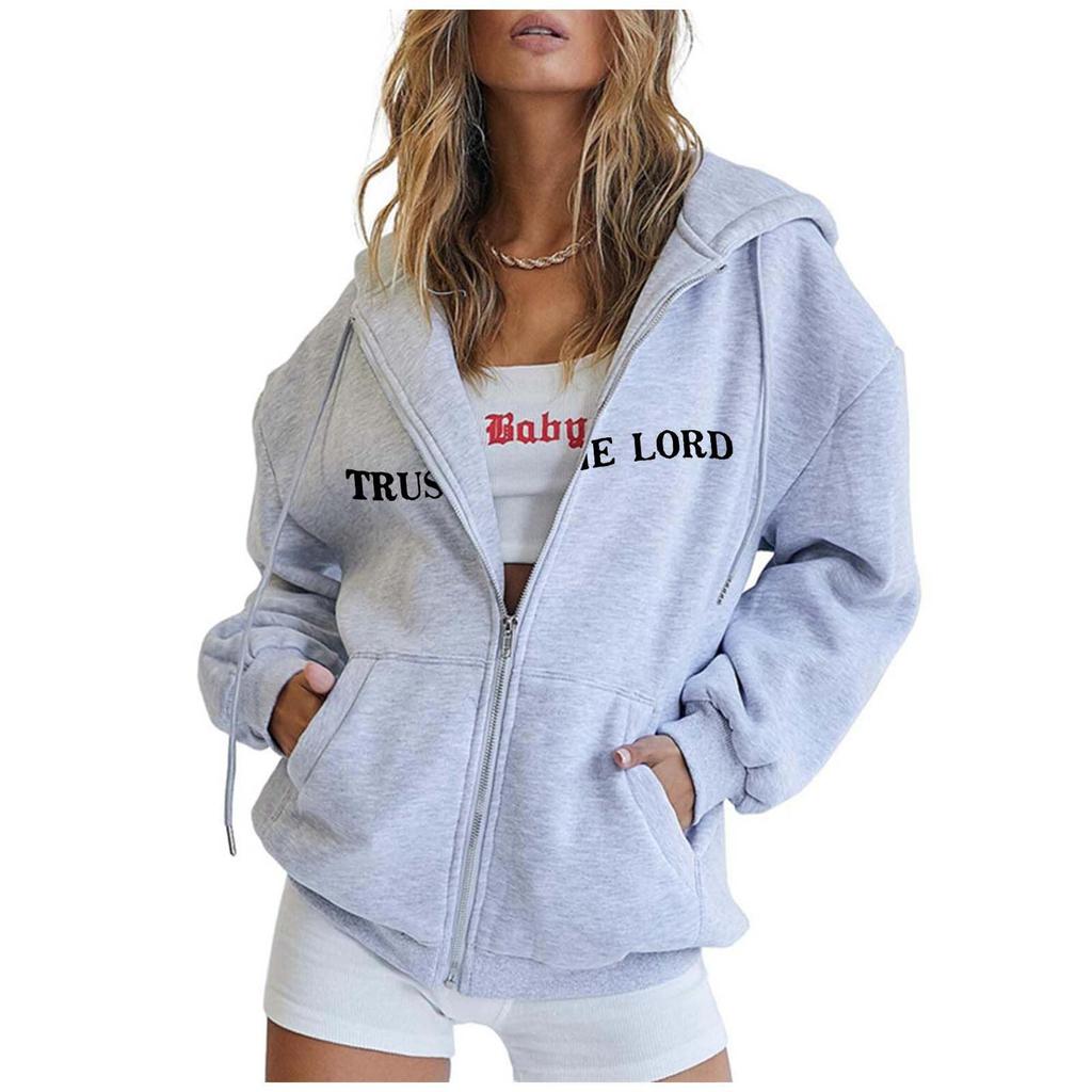 Women's Fashion Loose Casual Zip Printed Hooded Sweatshirt Jacket