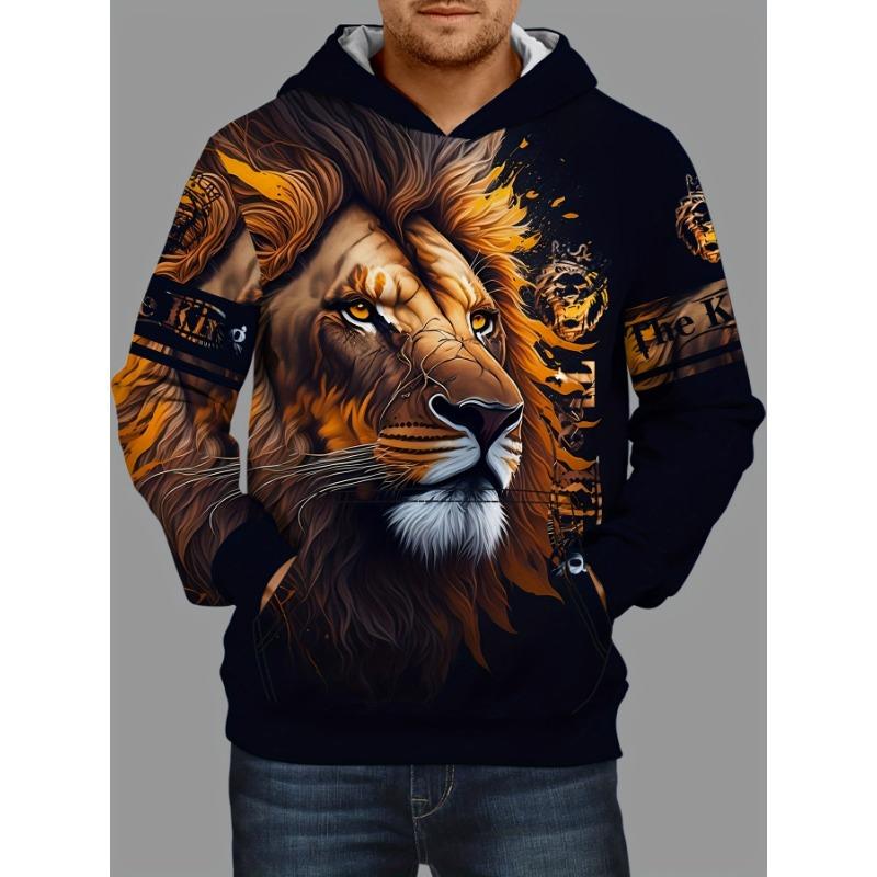 Lion 3d Print Hoodies For Men, Graphic Hoodie With Kangaroo Pocket, Comfy Loose Trendy Hooded Pullover, Mens Clothing for Winter