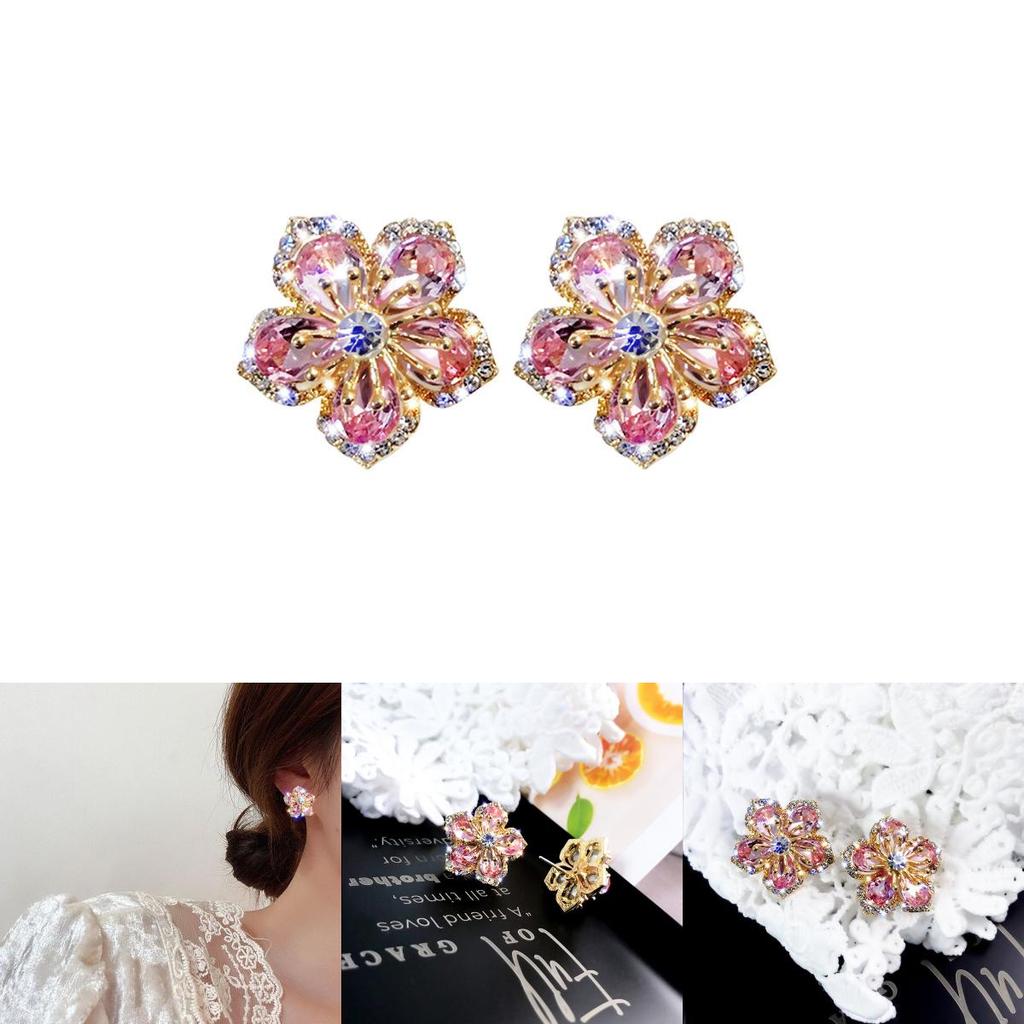 Pink Flower Zircon Ear Pins With Silver Needle For Casual And Formal Occasions