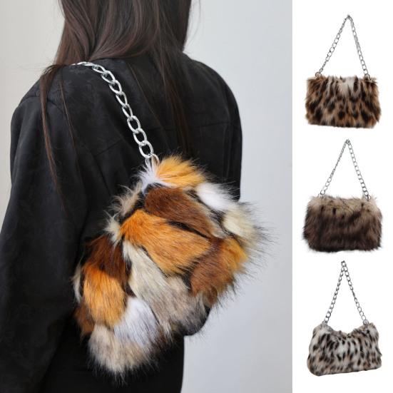 Пушистая сумка-тоут с леопардовым принтом, женская сумка через плечо из искусственного меха, пушистый кошелек, пушистая сумочка с металлической цепочкой для свиданий, зимы, повседневных поездок на работу, вечеринок