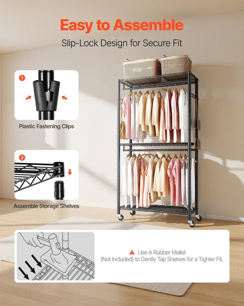 Rolling Clothes Rack, Heavy Duty Clothing Garment Rack, 3 Adjustable Tiers Clothing Racks with Carbon Steel, 204 kg Load Capacity Closet Wardrobe for