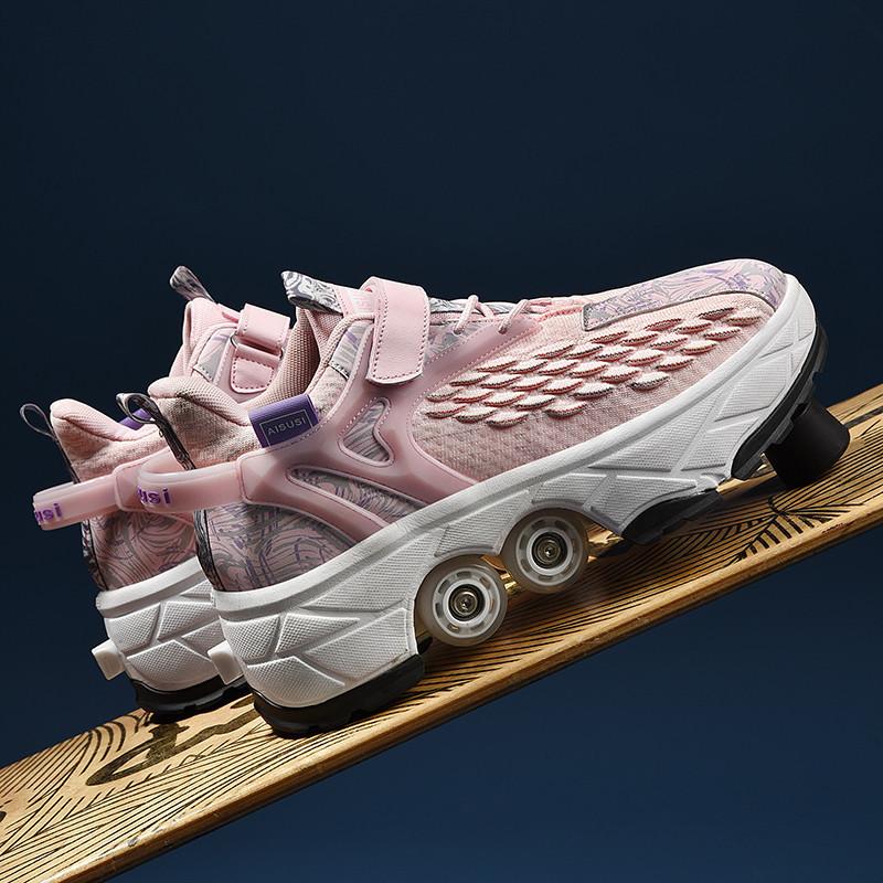 Обувь, меняющая форму. Роликовые коньки с четырьмя колесами для детей от 3 до 6 лет. Можно ходить и кататься на коньках. Интернет-знаменитости. Коньки для девочек.