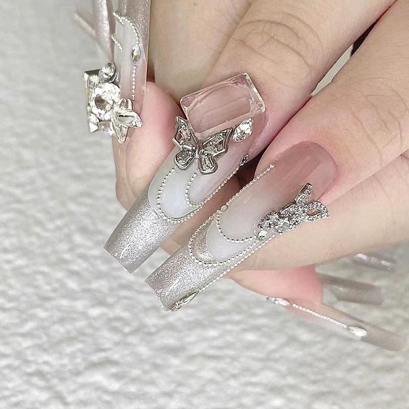 10Pcs Diy Nail Art Decoration 3D Silver Butterfly Shiny Rhinestones Nail Drills For Manicure Design Accessory