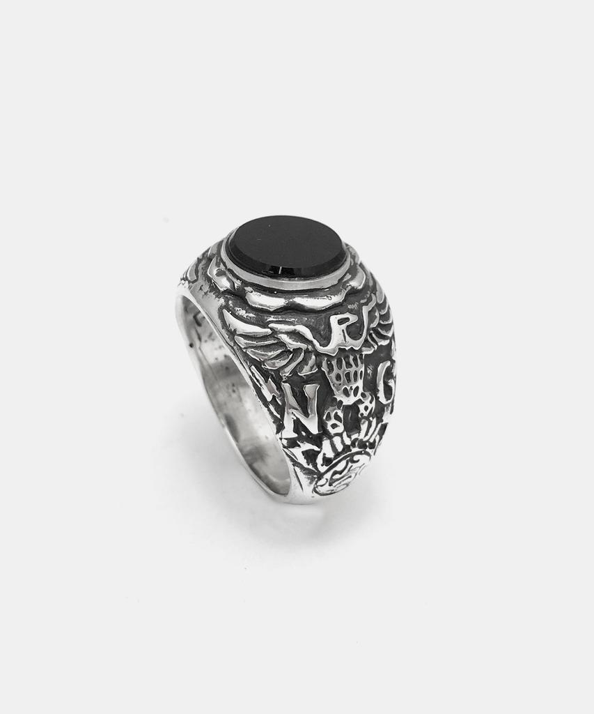 Sheen666 Onyx Eagle Crest Silver Ring (Type A)
