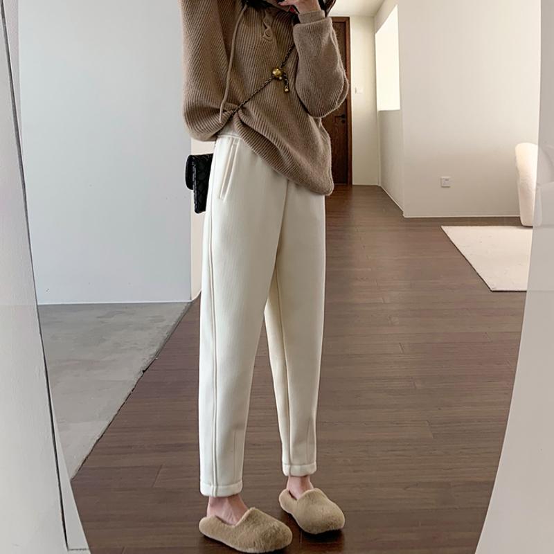 Осенне-зимние толстые однотонные плюшевые повседневные хлопковые женские брюки-капри, свободные узкие брюки с высокой талией, женские модные флисовые теплые шаровары для женщин 25258