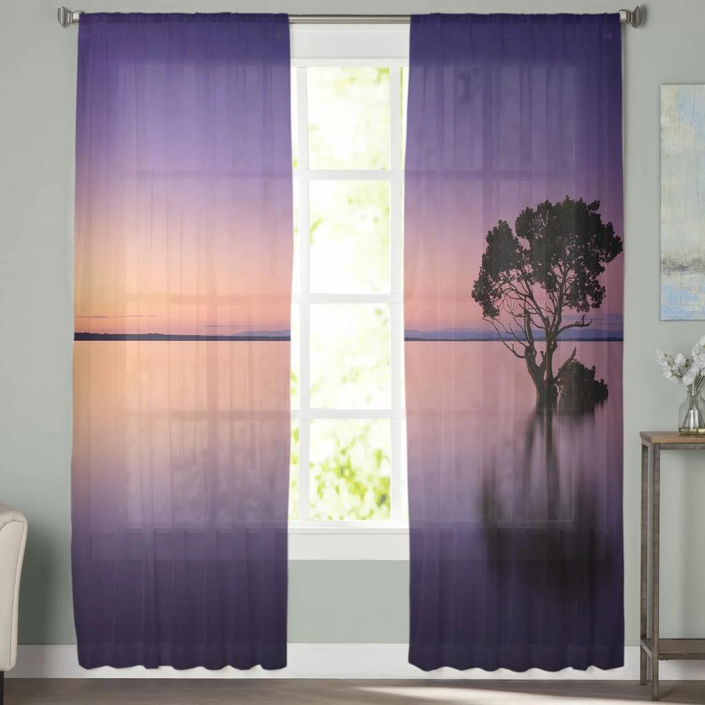 Sunset Tree Water Silhouette Window Curtain for Bedroom Sheer Curtain for Living Room Luxury Tulle Curtain for Kitchen