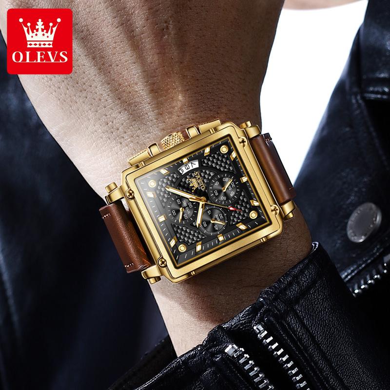 Студенческие модные кварцевые часы, водонепроницаемые, светящиеся, с тремя глазами, с прямоугольным циферблатом, с календарем, мужские деловые часы