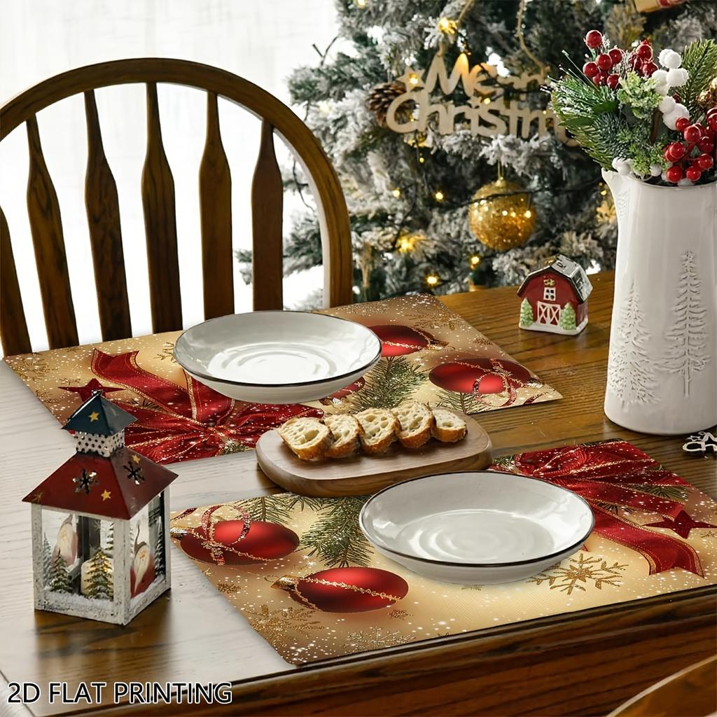 4pcs/6pcs, Christmas Bow Bauble Xmas Placemats, Table Mats for Kitchen, Home Decoration, Suitable for Daily Holiday Kitchen Banquet Party Table Decora