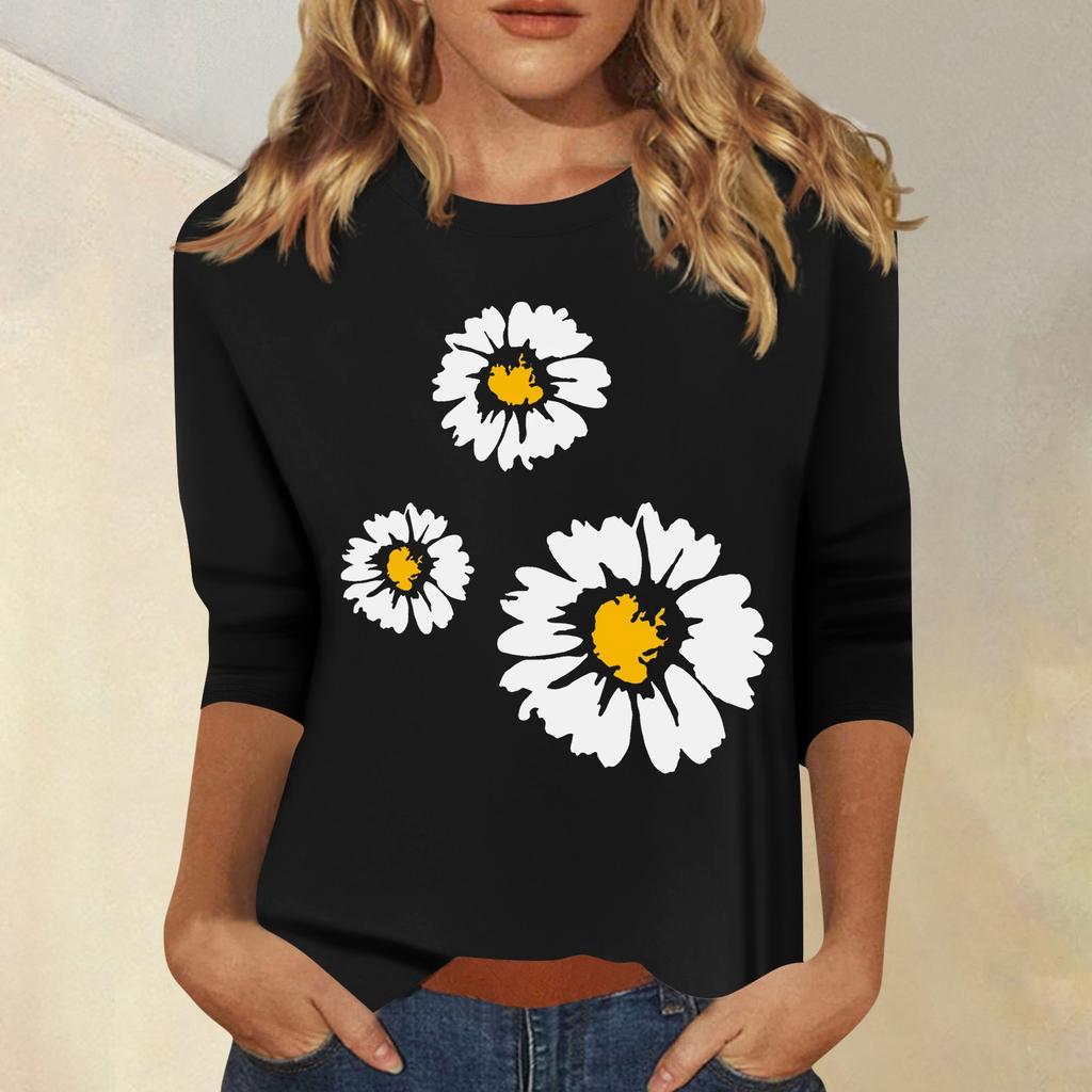 Women's Fashion Casual Printed Seven Sleeve Round Neck Top