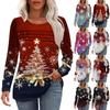 Women's Fashion Casual Christmas Printed Round Neck Pleated Long Sleeve T-Shirt Top