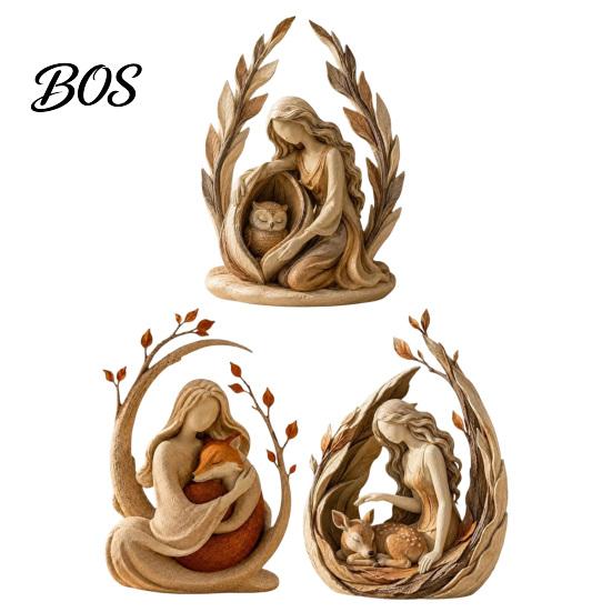Bohemian Home Decor Woodland Guardian Resin Figurine, Rustic Forest Woman Sculpture with Fox Deer Owl, Mantel Decoration Boho Tabletop Ornament