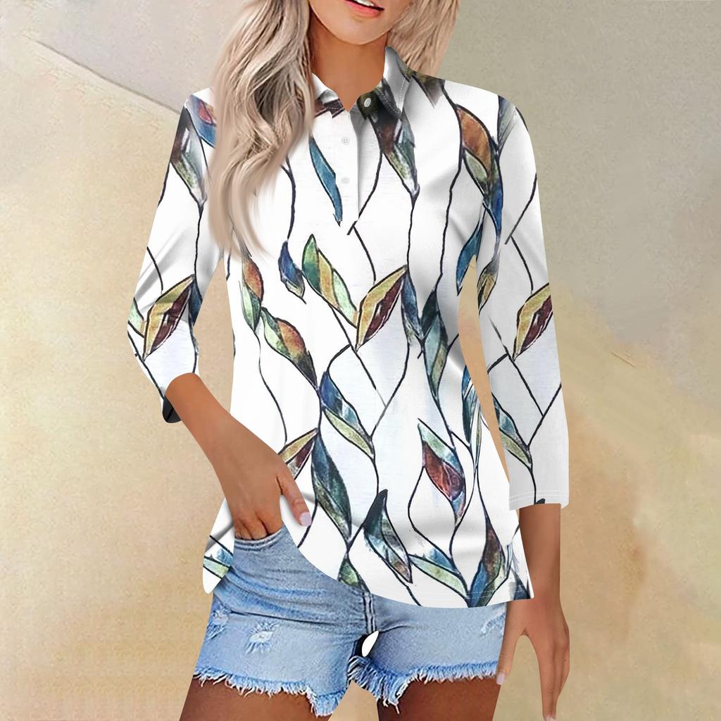 Женская модная повседневная рубашка с отворотом и рукавом 3/4, женские топы на пуговицах