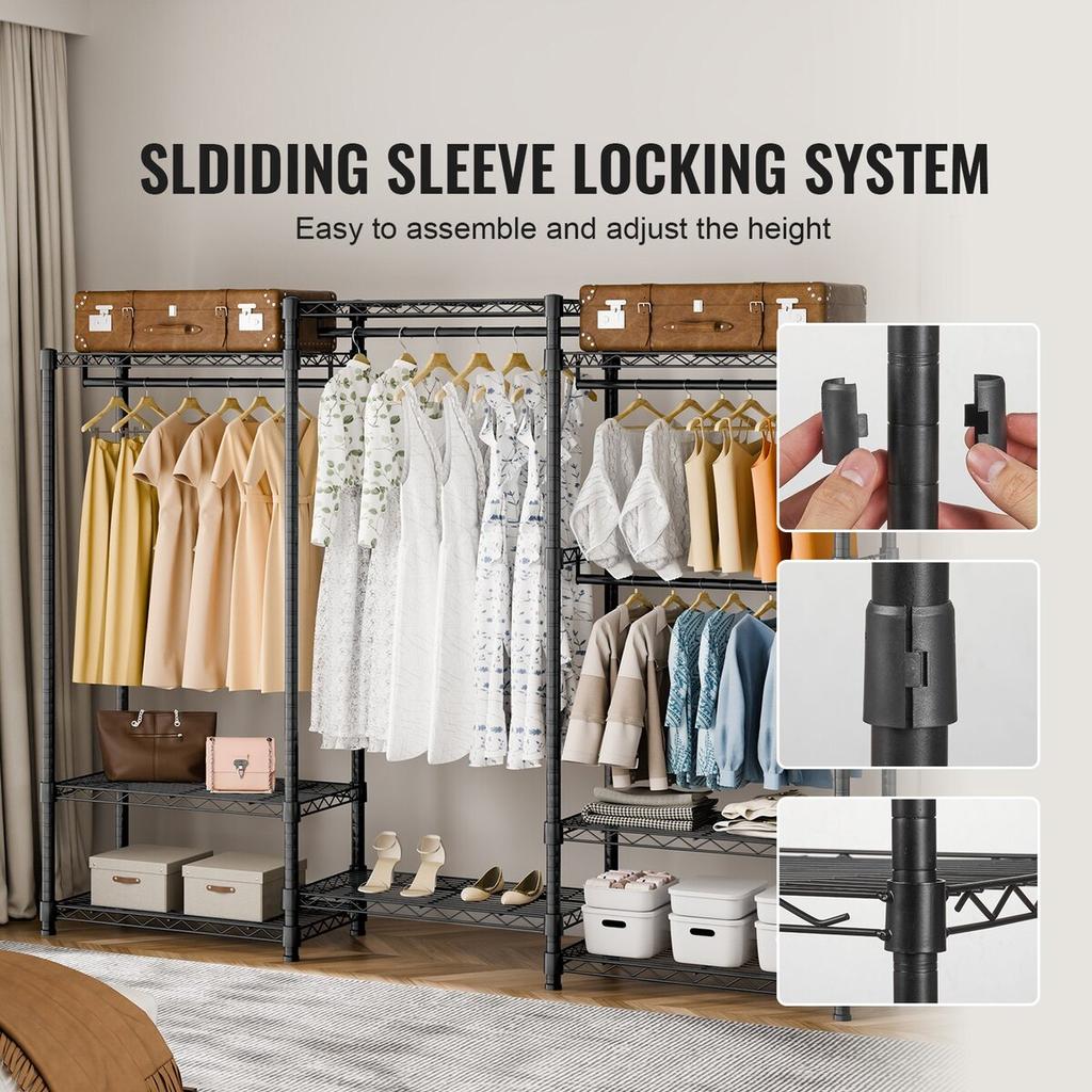 Heavy Duty Clothes Rack, Rolling Clothing Garment Rack with 4 Hang Rods & 8 Storage Tiers, Adjustable Custom Closet Rack, Freestanding Wardrobe for