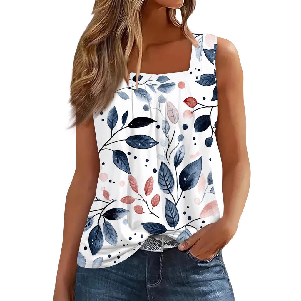 Женская плиссированная футболка без рукавов с квадратным воротником и принтом