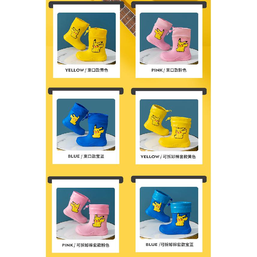 Pikachu Children's Rain Boots Boys Baby Non-Slip Fleece-Lined Warm Rain Boots Girls Toddler Kids Lightweight Waterproof Shoes