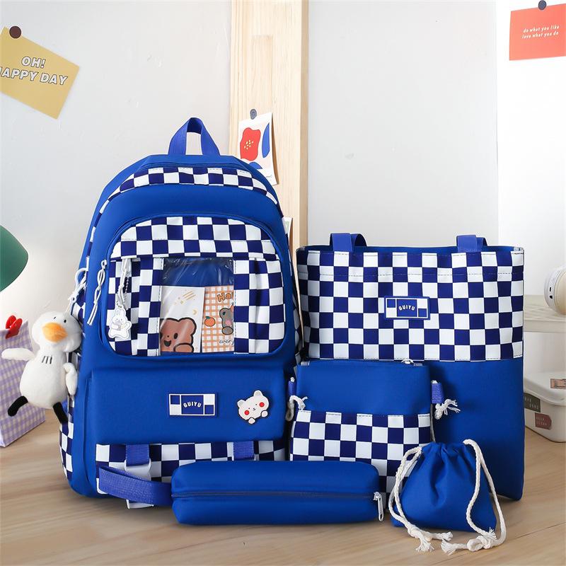 Lightweight Elementary School Backpack Korean Version for Junior High School Students Large Capacity Backpack Casual Grid Four Piece Backpack Studybag