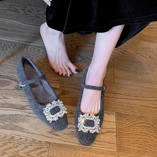 Wool Version~ Diamond Buckle Small Square Head with Woolen Thick Heel Mary Jane Single Shoes Women's Leather Small Heels Ladyshoes