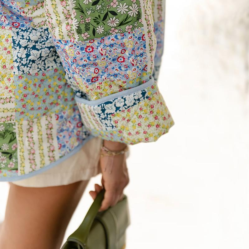 Warm Floral Print Cotton Jackets Woman Loose Stand Collar Patchwork Cardigan Autumn Elegant Female Outerwear Chic Thick Coats