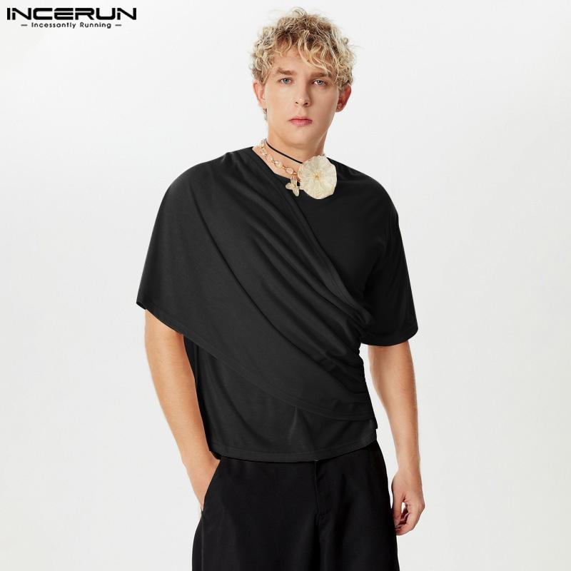 INCERUN Мужские нестандартные топы с рюшами, повседневные однотонные футболки из ткани