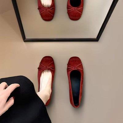 Французский бант ретро туфли на плоской подошве туфли бабушки осенние туфли-лодочки женская обувь с открытым верхом красные балетки женская обувь