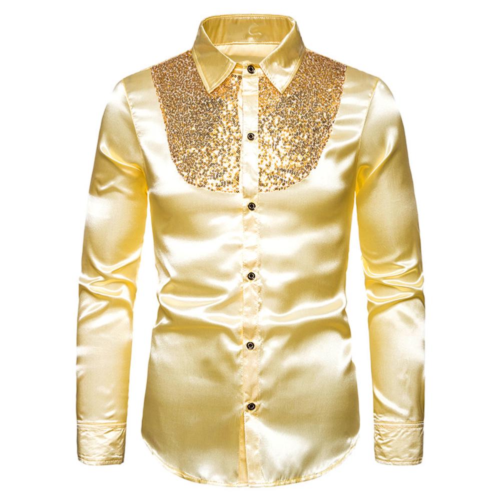 Men Solid Color Long Sleeve Shiny Sequins Buttons Stage Business Nightchlub Shirt