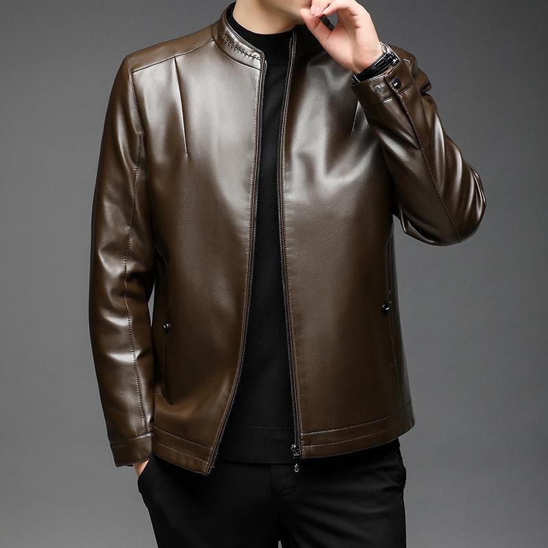 Новая осенне-зимняя куртка из утолщенной бархатной кожи, мужская кожаная куртка с воротником-стойкой, модная простая деловая повседневная кожаная куртка