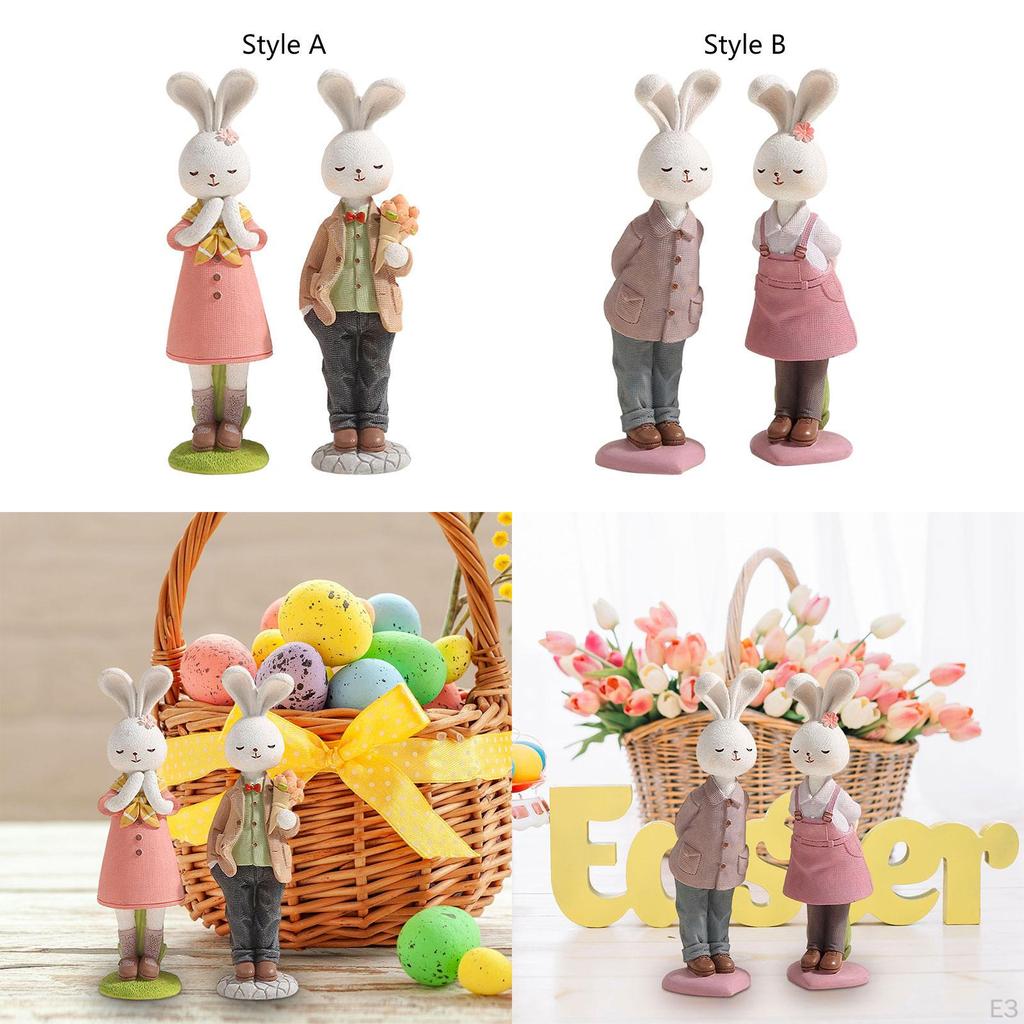 2 Pieces Easter Couple Bunny Figurines Ornament Decor Resin Rabbit Statue