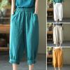 Женские брюки-шаровары с высокой эластичной резинкой на талии, свободные карманы, сплошной цвет, мягкие дышащие брюки до середины икры, повседневные женские летние и весенние укороченные брюки в стиле ретро
