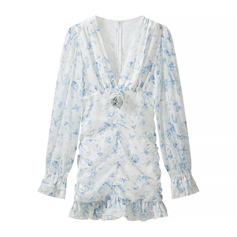Womens Long Sleeve Floral Dress V Neck Rose Decor Ruffle Hem Bodycon Mini