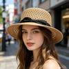 Fine grass hollow fine webbing bow big eaves flat top straw hat vacation travel sunshade sun protection outdoor straw hat