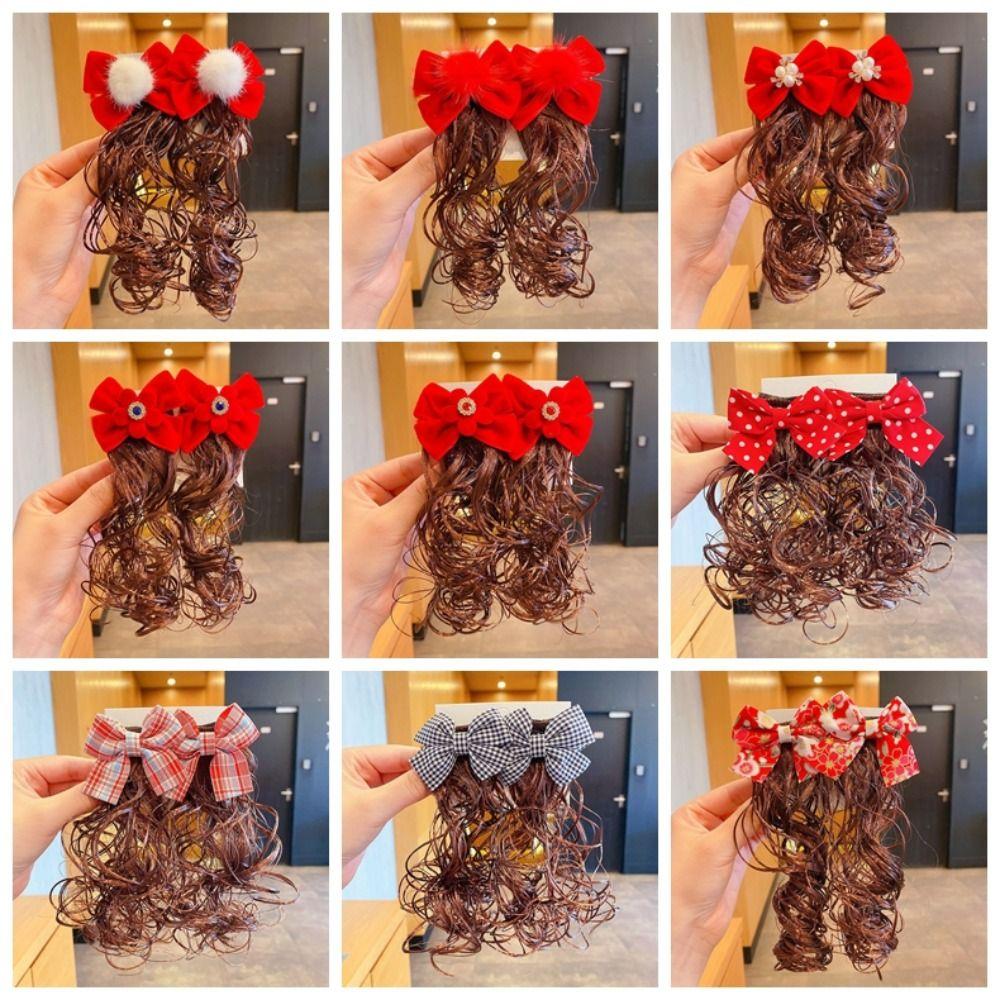 2 шт., детский парик в китайском стиле, заколка для волос, детский головной убор, красный бант, заколка для волос, новогодняя праздничная
