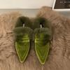 Women Luxury Velvet Mules Pointy Toe Slip-on Fur Sandals Ladies New Brand Design Outdoor Furry Slides Evening Party Heeled Shoes
