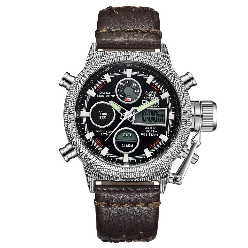 Oulm Многофункциональные электронные мужские часы для отдыха, модные кварцевые мужские часы из натуральной кожи с подсветкой